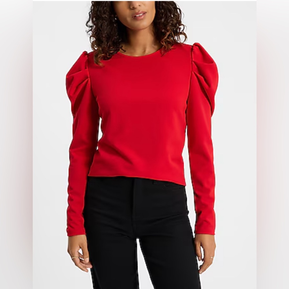 EXPRESS Crew Neck Puff Long Sleeve Tee SMALL Lipstick Red Blouse Top - Picture 5 of 13